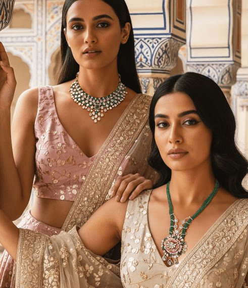 Two women wearing Rayu heritage jewellery